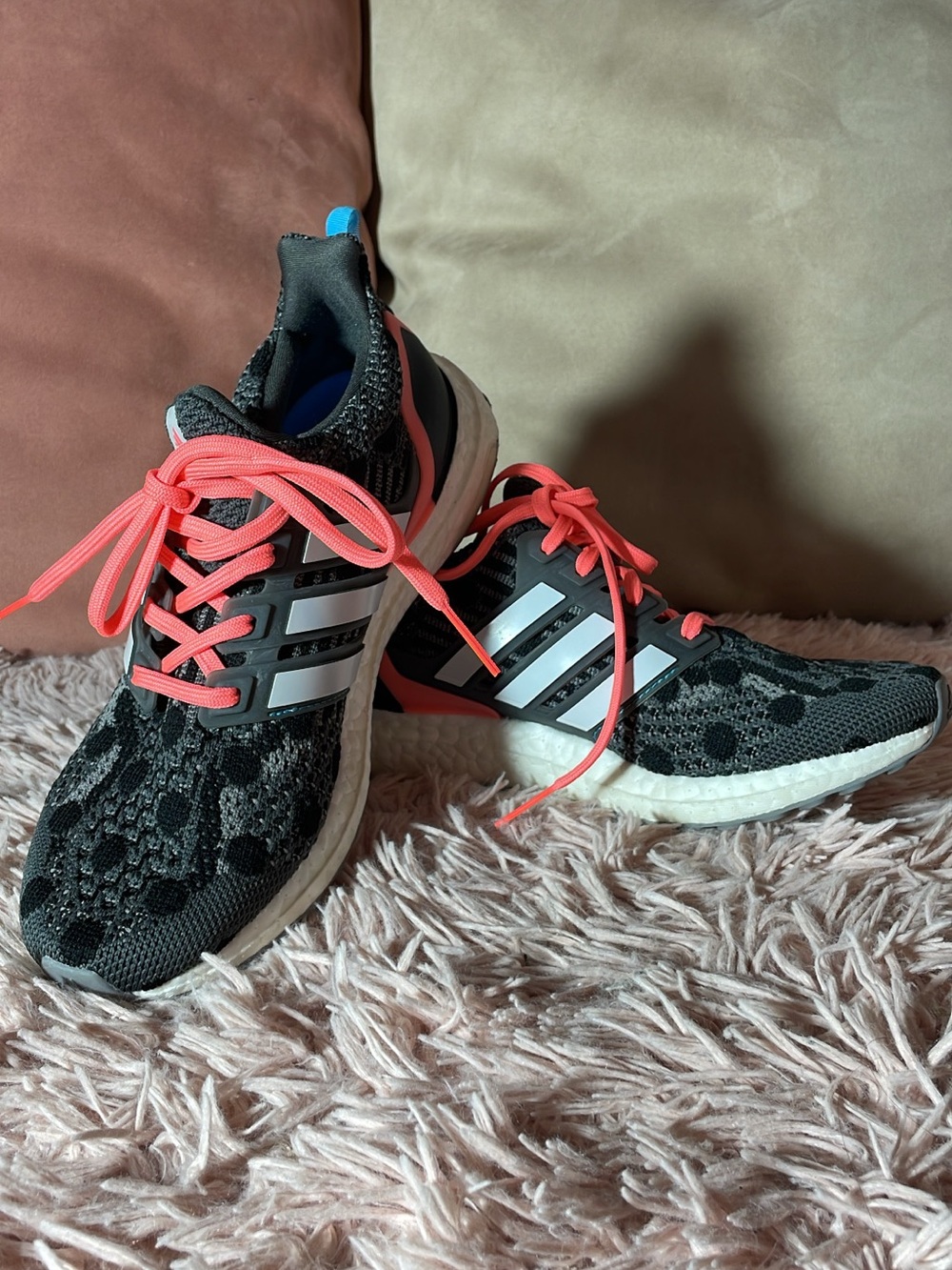 adidas Black Leopard Knit Running Shoes with Coral Laces
